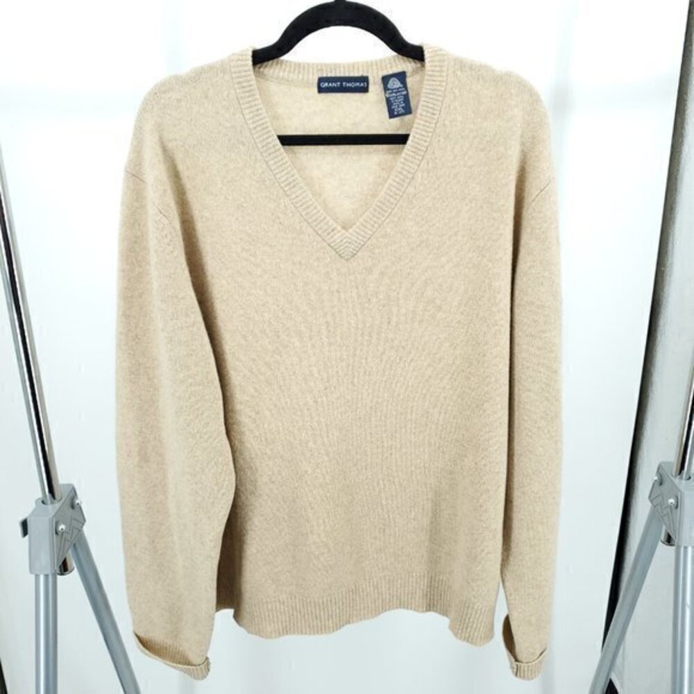 Grant Thomas 100% New Wool Fine Knit V-Neck Sweater XXL Tan